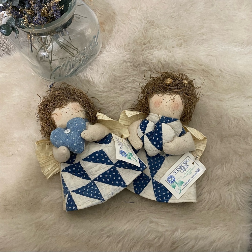 Vintage Quilted Patchwork Primitive Angel Doll Christmas Tree Toppers, Set of 2